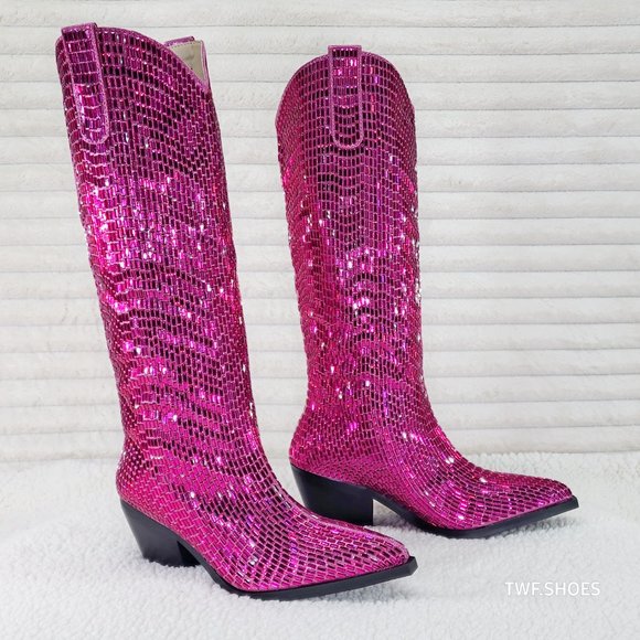 Mirage Fuchsia Pink Rhinestone Pull On Western Cowgirl Knee Boots - Picture 9 of 17